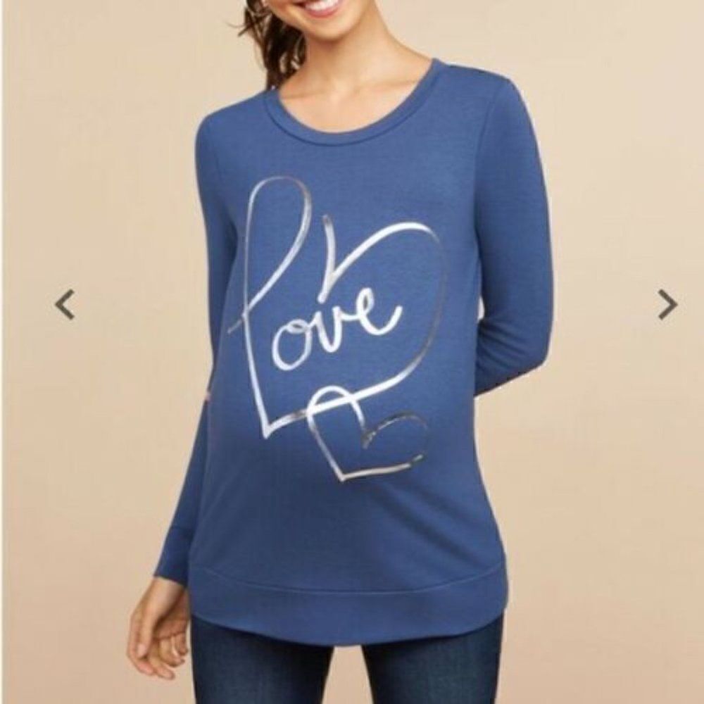 Motherhood Maternity Blue Sweater Long Sleeve Tee Love Crew Neck Shirt Blue